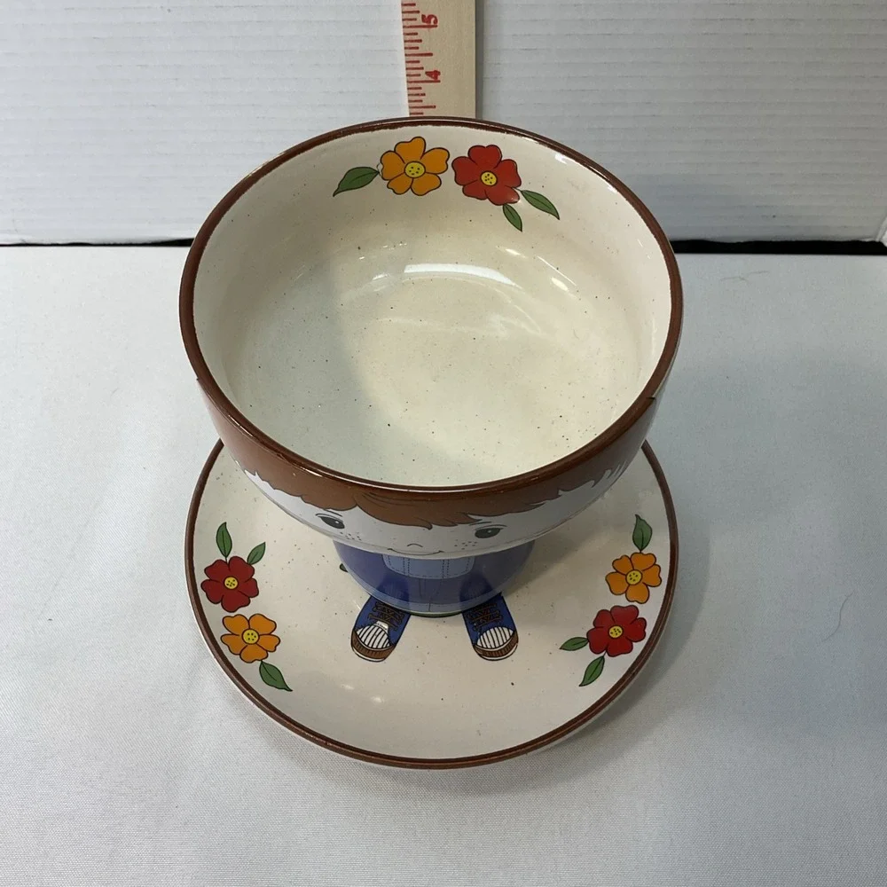 Vintage Childrens Interpur 3‎ pc Stackable Dish Set Cup Bowl Plate Farmer Boy